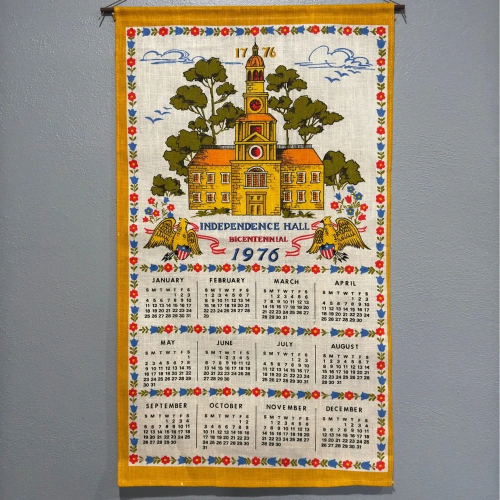 Vintage 1976 Independence Hall Bicentennial Linen Calendar Towel Wall Hanging